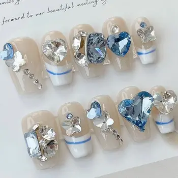 Marinar francez Stil Pur Handmaded în formă de T Reutilizabile Unghii False Lumină Albastră Dragoste Inima Zdrobit Diamant Portabil Cuie Detasabile