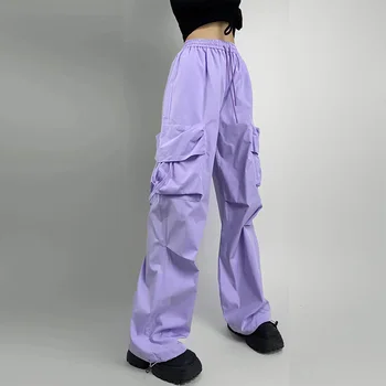Vara Femei Pantaloni ins Violet Casual Pantaloni Largi cu Talie Înaltă Cargo Pant Solid de Moda Streetwear Femeie Cordon Pantaloni 2023