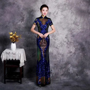Stil Chinezesc Îmbunătățit Velur Maneci Scurte Cheongsam Elegante, Sclipitoare Rafinat Paiete Qipao