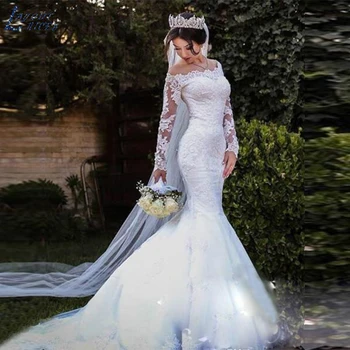 Nou Elegant Dantela Aplicatiile Mâneci Lungi de Mireasa Sirena, Rochii de Mireasa Rochie de Celebritate vestido De Noiva robe de mariee