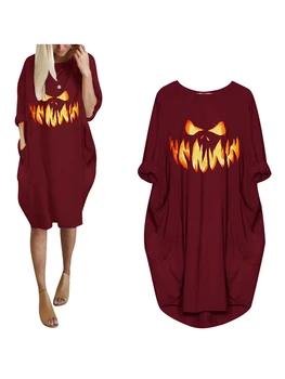 Femeile s Halloween Sleepwear Liber Rochie Gât Rotund Maneca Lunga Grimasă PrintSide Buzunar Somn Rochie cămașă de Noapte