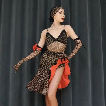 Sexy Dans latino Costum Pentru Femei Leopard de Dans latino Bodysuit Fusta Ciufulit Adulți Dans Îmbrăca Etapă Purta SL8819