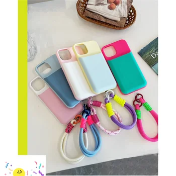 Coreea Drăguț Macaron de Bloc de Culoare Portabile, Sfoara de Caz pentru iPhone 11 12 13 14 Pro de Protecție Spate Pentru Fata Cadou Acoperă cu Coarda
