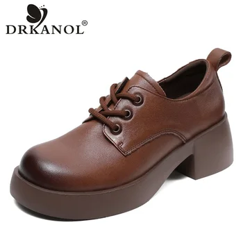 DRKANOL Stil Britanic Pantofi cu Toc Femei Toamna Dantela-Up Rotund Toe din Piele Toc Gros, Platforma Indesata Pantofi Casual