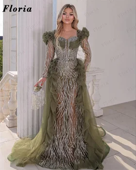 Arabă Sclipici Verde Cu Margele De Rochii De Seara Elegante Lungi Mâneci Formale Rochie De Petrecere Vestidos Dubai Personalizat, Rochie De Bal Pentru Nunta
