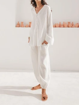 Femeile s 2-Bucata Set Pijama Elegant cu Maneci Lungi Buton Jos Camasa cu Comozi Pantaloni Harem - Perfect Body pentru Noptile de Vara