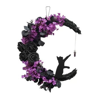 Noul design de halloween crescent pisica neagra coroană de flori de viță de vie negru de halloween coronita usa decor