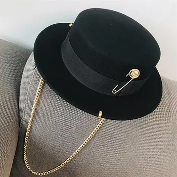 Toamnă Iarnă stil Punk lanț de Aur decor plat top lână retro strada Australia lână simțit pălărie fedora