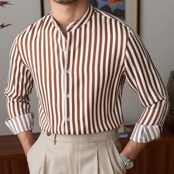 Button Up Shirt Pentru Barbati Stand Guler Rochie Camasa Cu Maneca Lunga Domn Dungi Contrastante Afaceri Sociale Lux Tricou Oficial