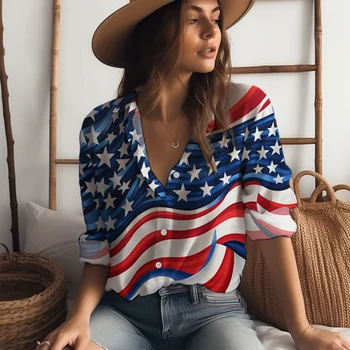 Steagul American 3D Imprimate Tricou de Primăvară și de Toamnă Clasic Camasa cu Maneca Lunga pentru Femei de Moda de Stradă Camasa Regular Buton Camasa