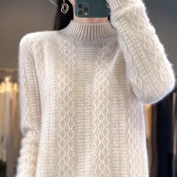 Toamna/Iarna Femei Nou Pulover Jumătate Guler Înalt Solidă Pulover Casual 100% Lână Pură Tricot Moale, Elegant Bluza