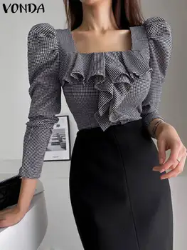 VONDA Femei Tricouri 2023 Moda Bluza Ciufulit Puff Sleeve Plaid Tunic de Moda Sexy Pătrat Guler Imprimate Topuri Casual OL Blusas