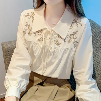Moda Elegant Șifon Bluze pentru Femei de Îmbrăcăminte, Broderie Camasi cu Maneca Lunga Lantern Maneca Masiv Imbinat Doamne de Birou Topuri
