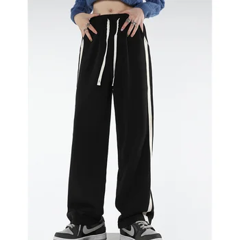 Negru Femei Pantaloni Cu Talia Inalta Vintage Casual Drept Pantaloni Stil American Design Elegant Largi Picior Lat Cordon Pantaloni Sudoare