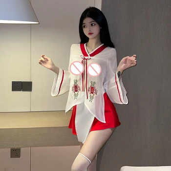Lenjerie Sexy Cosplay Costum Plug Dimensiune Chineză Han Îmbrăcăminte Vedea Dacă Uzura Vechi cu Broderie Pijamale Club de Noapte Femei