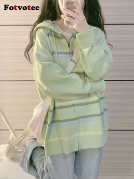 Fotvotee Cu Gluga Pentru Femei Cardigan Tricotate Pulovere Supradimensionate Cu Dungi Cu Maneci Lungi De Sus Coreean Strat De Moda Toamna Iarna 2023 Verde