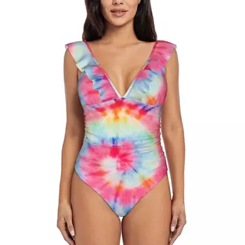Colorate Acuarelă Tie-Mor SpiralFashion Bikini Femei-O Bucată de Plajă, Costume de baie V Gât Costum de Baie S
