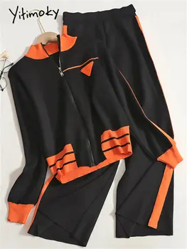 Sportiv De Tricotat 2 Seturi De Piese Pentru Femei Costume 2023 Moda Cu Maneci Lungi Cu Fermoar Mozaic Seturi Casual Full Lungime Pantaloni Seturi