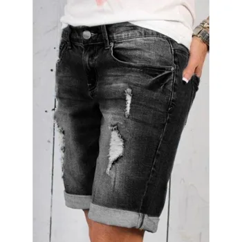 Femei Vintage din Denim Rupt pantaloni Scurti Casual de Vara Talie Elastic la Mijlocul Gaura Blugi Drepte Y2K INS Haine Streetwear