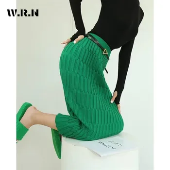 2023 Toamna Casual Culoare Solidă Talie Elastic Teaca Mijlocul Fuste Lungi pentru Femei Elegant Tricotat Talie Mare Slim Fit Fusta Verde