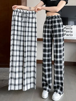 Alb-negru Carouri Pantaloni Largi Picior Femei Streetwear Supradimensionat 4Xl Pantaloni Casual de Vara de sex Feminin coreeană Gheață Pantaloni de Mătase