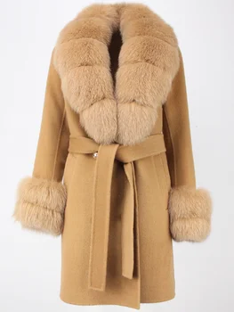 OFTBUY 2023 Moda Noua Jacheta de Iarna pentru Femei Haină de Blană Adevărată Naturale, Amestecuri de Lână Cașmir Dublu Rânduri Centura Palton Streetwear