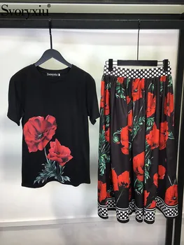 Svoryxiu Designer de Vară Vintage Superba Floare de Imprimare Costum Fusta pentru Femei Maneci Scurte T-shirt, Blaturi+de Înaltă Talie Subțire Jumătate Fusta