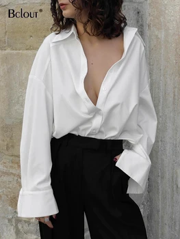 Bclout Elegant Alb Vrac Tricouri Femei Fashion Kaki Maneca Lunga Birou Doamnă Fantă Bluze De Toamna Solid Cutat Sexy Tricouri 2023