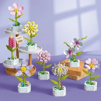 Bloc DIY de Floarea-soarelui Buchet Kit Veșnică Flori de Orhidee Bloc Set de Jucării au Crescut în Ghiveci Cărămizi de Asamblare Copii Cadouri Decor Acasă