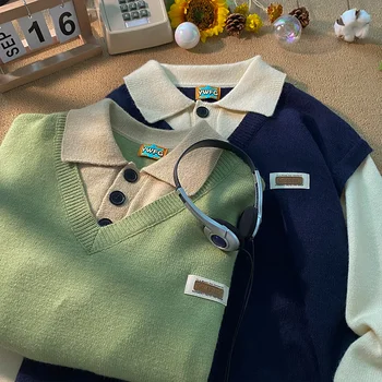 fals două piese pulover femei sens de design, număr mic, toamna și iarna nou liber polo guler tricotate haina, larg