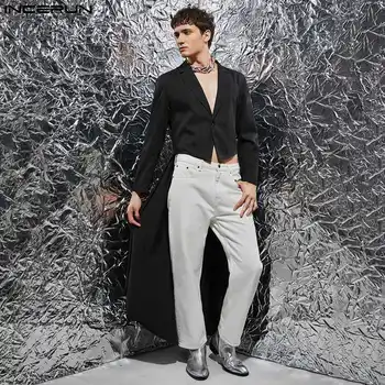INCERUN Bărbați Neregulate Sacou Rever Maneca Lunga Un singur Buton de Streetwear Lungi Casual se Potriveste Stilul 2023 Personalitate Moda Barbati Paltoane