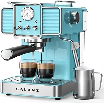 Mașină de Espresso cu Spumant de Lapte, 15 Pompa Professional Cappuccino și Latte Mașină, 1,5 L Rezervor de Apă Detașabil, Retro Albastru, 1