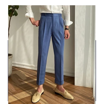 Pantaloni Casual Barbati Slim Fit Design Talia Bărbați Nunta Picior Drept Pliuri Duble de Afaceri de Moda Pantaloni