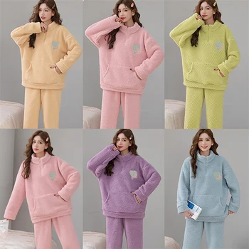 Coral Fleece Pijamale 2023 Noi de Iarna Stand Guler Îngroșat cu Fermoar Poarte Îmbrăcăminte de Îmbrăcăminte Acasă Set de Îmbrăcăminte pentru Femei 5 Culori