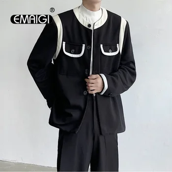 Bărbați Vrac Casual Negru Îmbinare Partea Albă de Moda de Epocă Sacou Costum Sacouri Om coreean Streetwear Costum Haina de Primavara Toamna