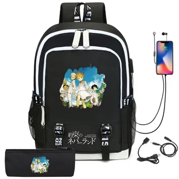 Promis Neverland Anime USB Rucsac Scoala ghiozdane Fanii Genti de Voiaj Laptop Port pentru Căști Mochila Cu penar Cadou