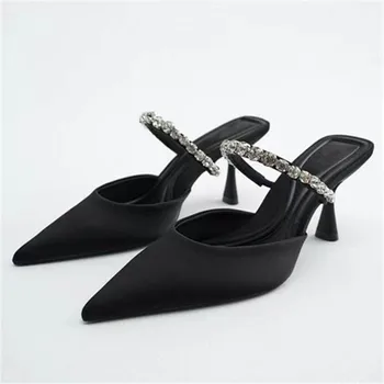 Negru Sandale Cu Strasuri Toc Sandale Pantofi Primavara-Vara Catâri Superficială A Subliniat Toe Stripteuză Tocuri Inalte Femei Pompe