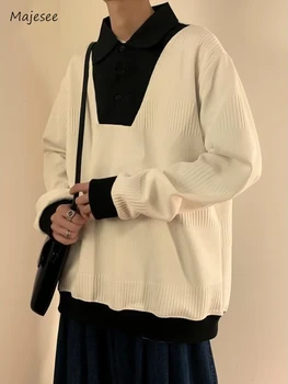Contrastul de Culoare Pulovere Barbati de Cald Moda Casual de Primavara Toamna Largi Fals Două Piese coreea Style All-meci Adolescenți Simplu Chic