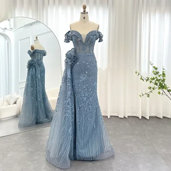 Sharon a Spus Lux Dubai 3D Flori Sirena Albastru Rochii de Seara Cu Overskirt Elegante Plus Dimensiune Femei Petrecerea de Nunta Rochie de SS156