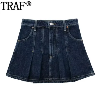 TRAF 2023 Cutat Albastru Denim Pentru Femei Mid-Talie Mini Jean Fuste Pentru Femei Y2k Streetwear Toamna Fusta Scurta Femeie