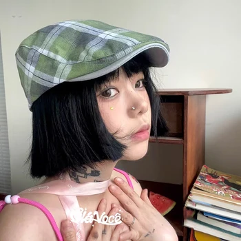 Primăvara și Vara Scule Casual Carouri Înainte Capace pentru Bărbați Japonezi Retro Versatil Pălărie vânzător de ziare Y2k Dopamina Dulce Pălării pentru Femei