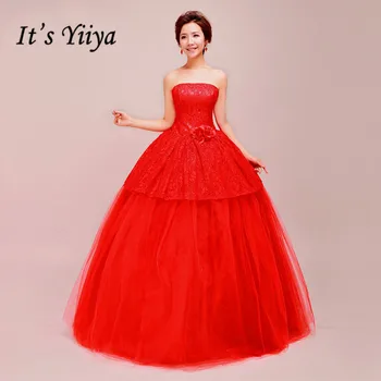 Clearance-ul roșu rochie de bal Vestidos De Novia rochii de mireasa vintage dantela Tul Strapless Etaj lungime Femei rochie de mireasa HS069