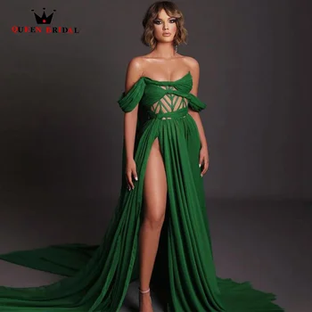 O Linie verde Rochii de Bal Șifon De pe Umăr Cut-out de Seara Formale Rochie de Petrecere Sexy Fantă Mare Vestidos De Fiesta AW06