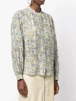Femei Mătase Bumbac Amestecuri Cutat Tricou Floral Imprimat cu Maneci Lungi Singur Pieptul Feminin Bluza Vintage 2023 Începutul Toamnei