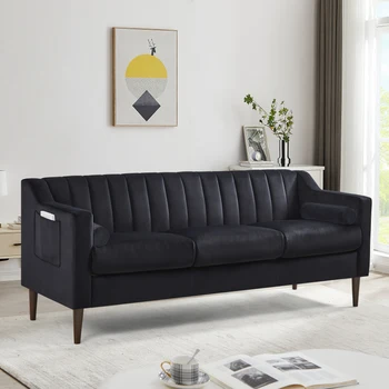 Negru 3 Scaune Moderne Chesterfield canapea canapea, Confortabil canapea Tapitata cu Catifea și Cadru de Lemn si Picioare din Lemn