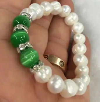 Moda bijuterii Nou 9-10mm alb cultura akoya pearl & 10mm verde opal Elastic Brățară de 7.5 INCH