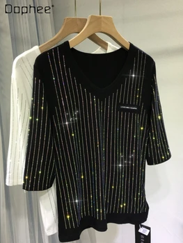 Industria grea V-neck Stras Negru Slim-Fit Jumătate Maneca tricou Femei 2023 Toamna anului Nou Alb Bottom Tricou Femei Top