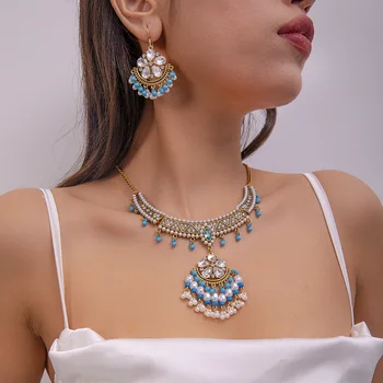 Exagerat Stil Etnic Seturi De Bijuterii Femei Floare De Cristal Albastru Margele Perle Tassel Pandantiv Colier Legăna Cercei Ornamente