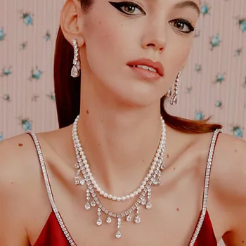 Freetry Epocă Doublelayer Colier de Perle de Cristal pentru Femei Elegante Stras Waterdrop Coliere Cravată Petrecere Bijuterii