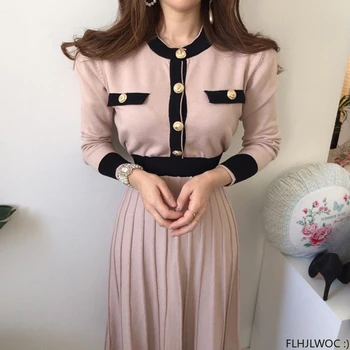 2023 Iarnă Primăvară De Bază Poarte Femeile De Moda Francez Stil Chic Coreea De Design Dantela-Up O Linie Mozaic Lung Tricotate Rochie Pulover